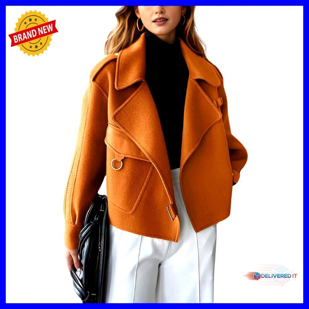 Wool Blend Blazer Jacket Open Front Loose Fit Business Casual Trench Coat